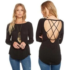 Chaser Vintage Ribbed Long Sleeve Strappy Cutout Back Top Union Black Sz Medium